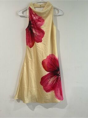 Sincerely Jules Yellow Midi Halter Dress with Pink Floral Print satin effect L